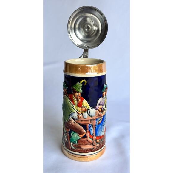 Ceramic Beer Stein, Metal Lid Covered, People Drinking Around Table, Germany - Picture 5 of 10